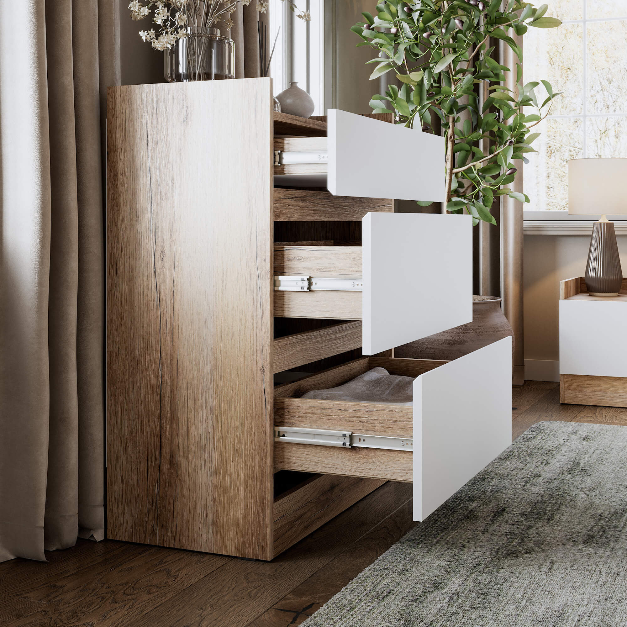 МС "Брауни" Комод 3 ящика Дуб Делано/Белый